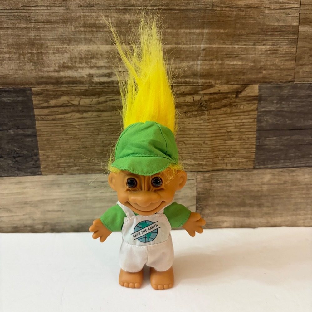 Vintage Russ Berrie Troll Doll Yellow Hair Save The Earth Outfit Green Cap 5"